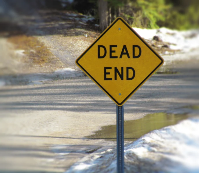 a dead end street sign sitting in the middle of a road