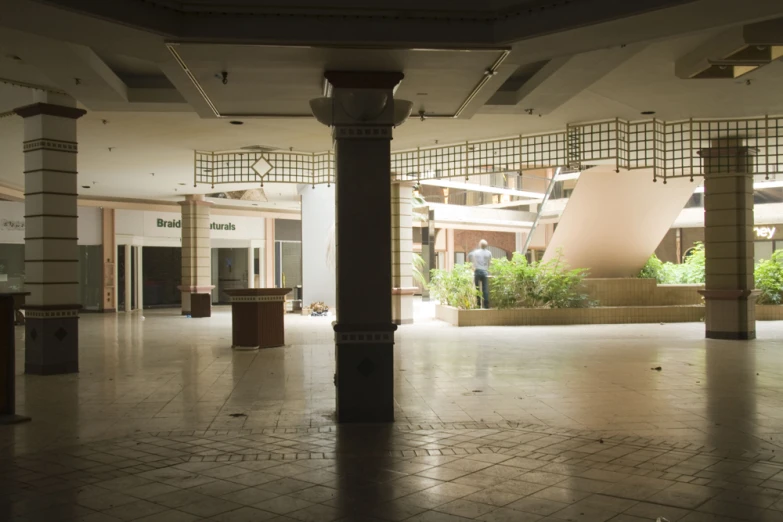 an empty open room with stairs, pillars, and potted plants