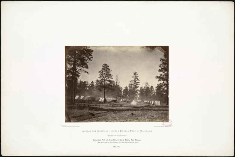 a vintage pograph of a field, woods, and buildings