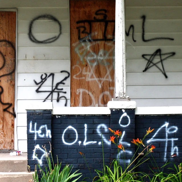 graffiti has been spray painted over the front of the house