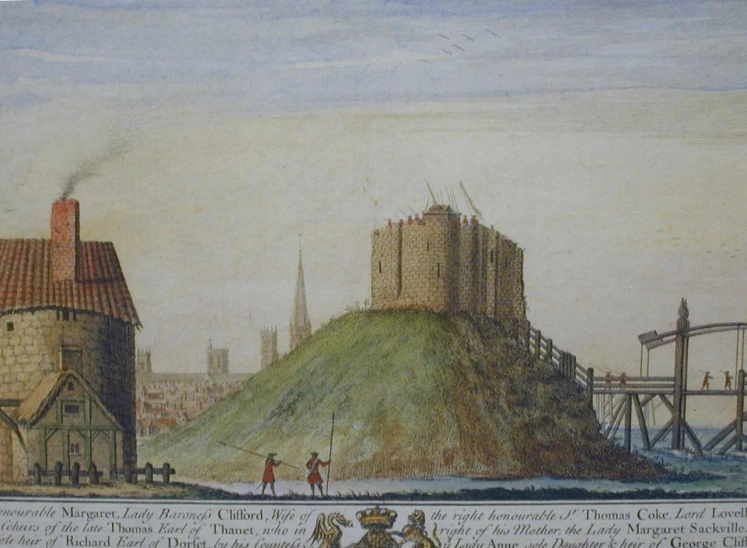 a painting with people standing in front of the castle