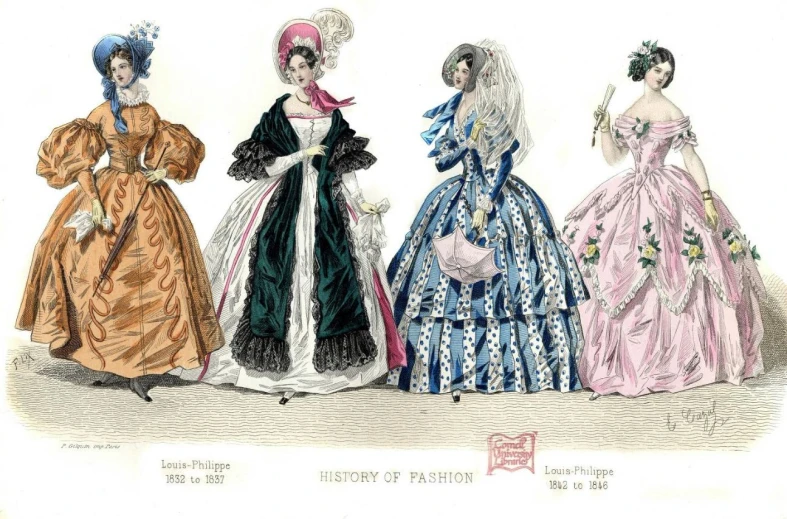 four women in dresses from the victorian era