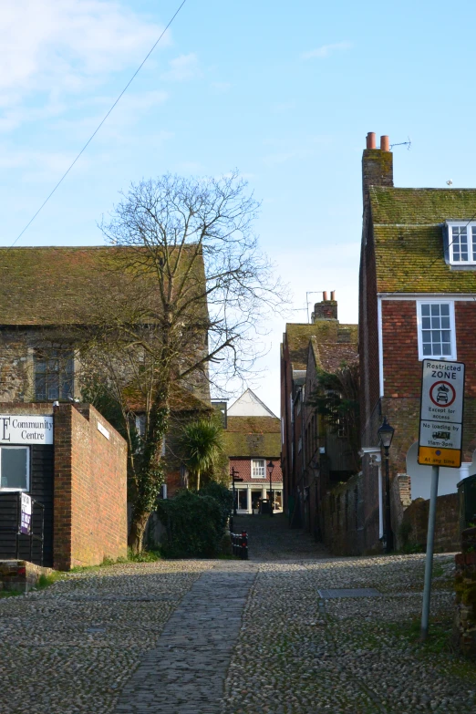 a narrow brick road with some houses in the distance