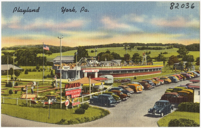 an old pograph shows cars in a parking lot