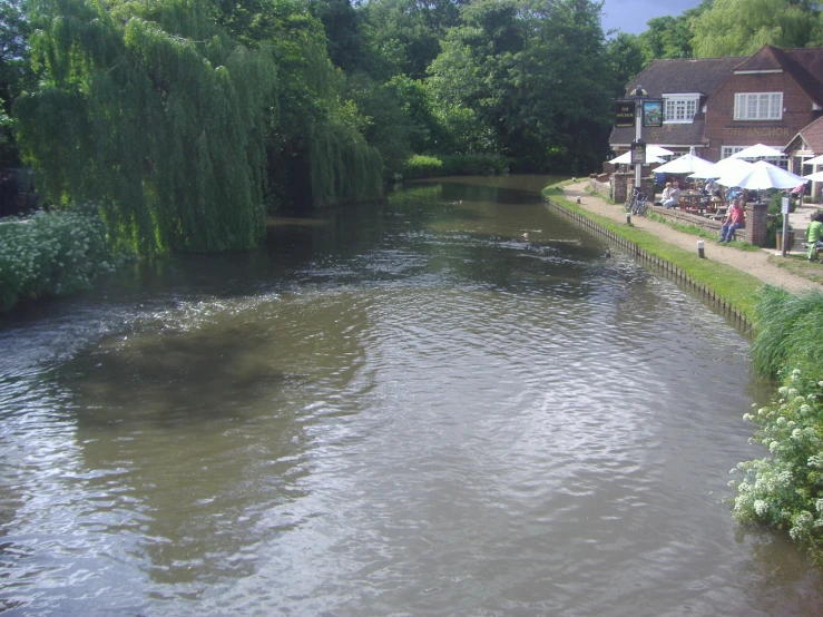 the view of people sitting at tables by the river