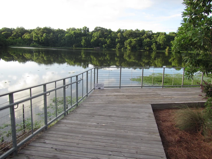 a wooden boardwalk next to water with trees in the background