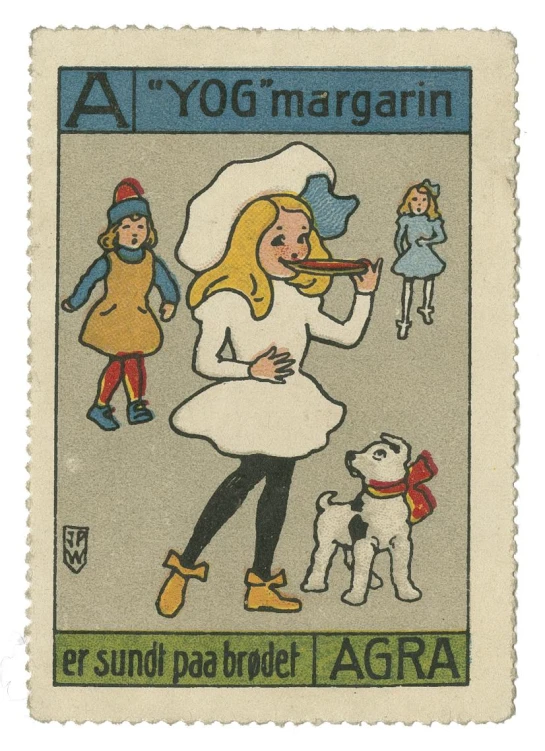 a stamp with a woman walking and two children