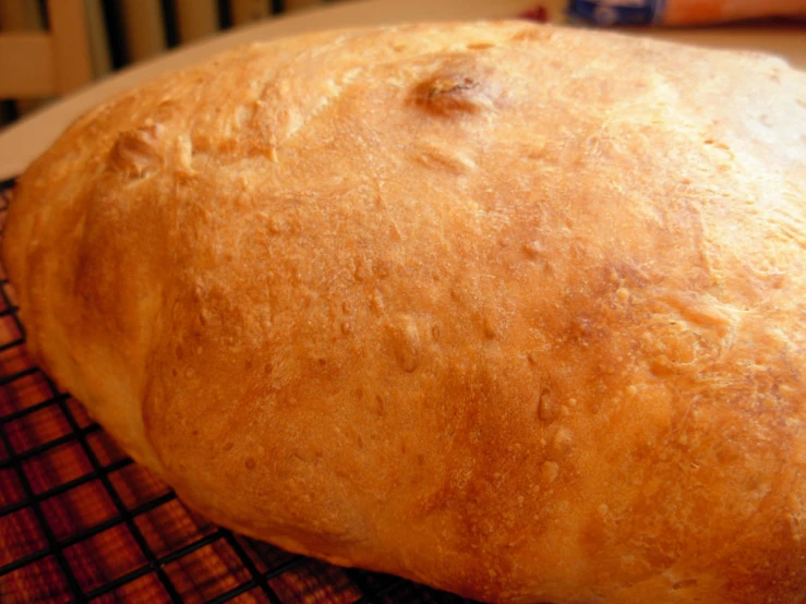 close up of a large fresh, white bread on a cooling rack