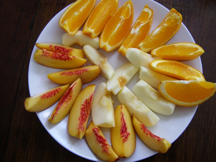 various fruits are arranged on a white plate