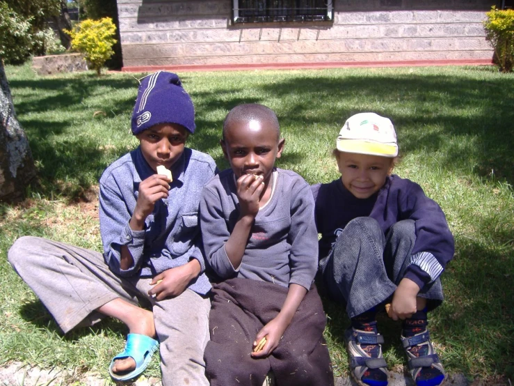 three s sitting on the grass eating bananas