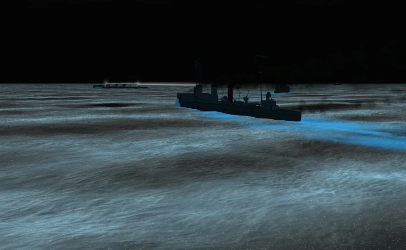 the boat in the water is illuminated by the light