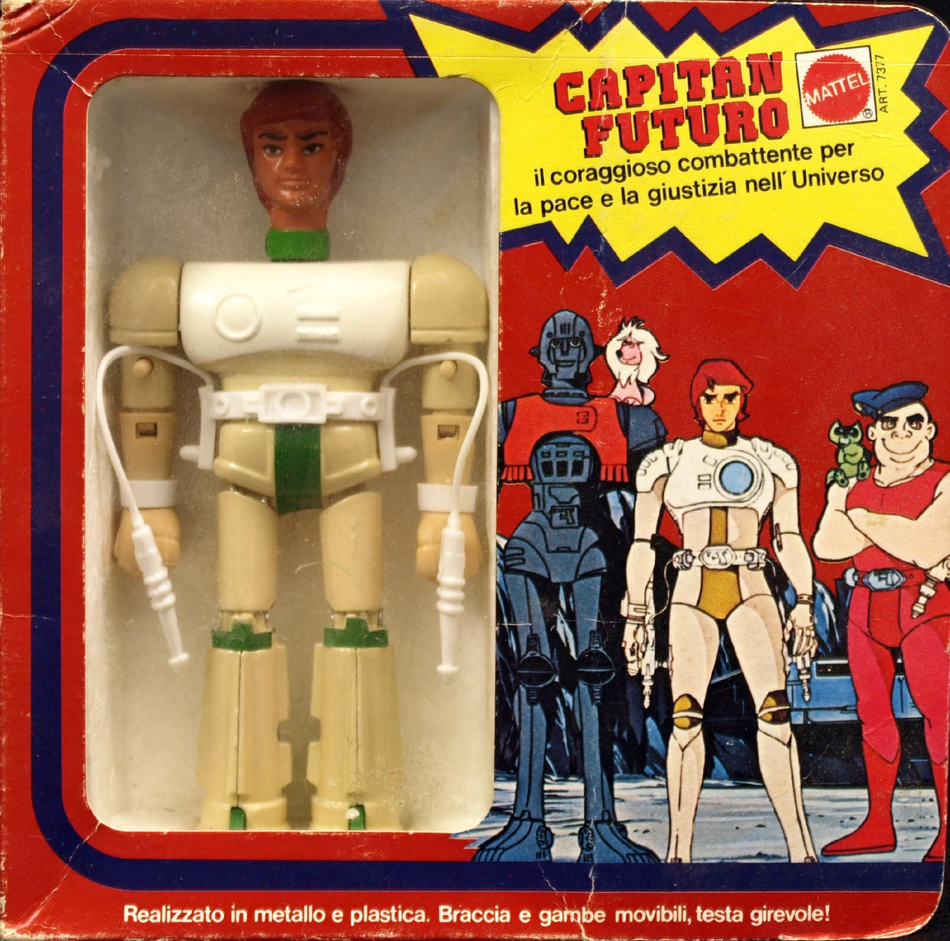 a toy action figure in its box with a caption for the title