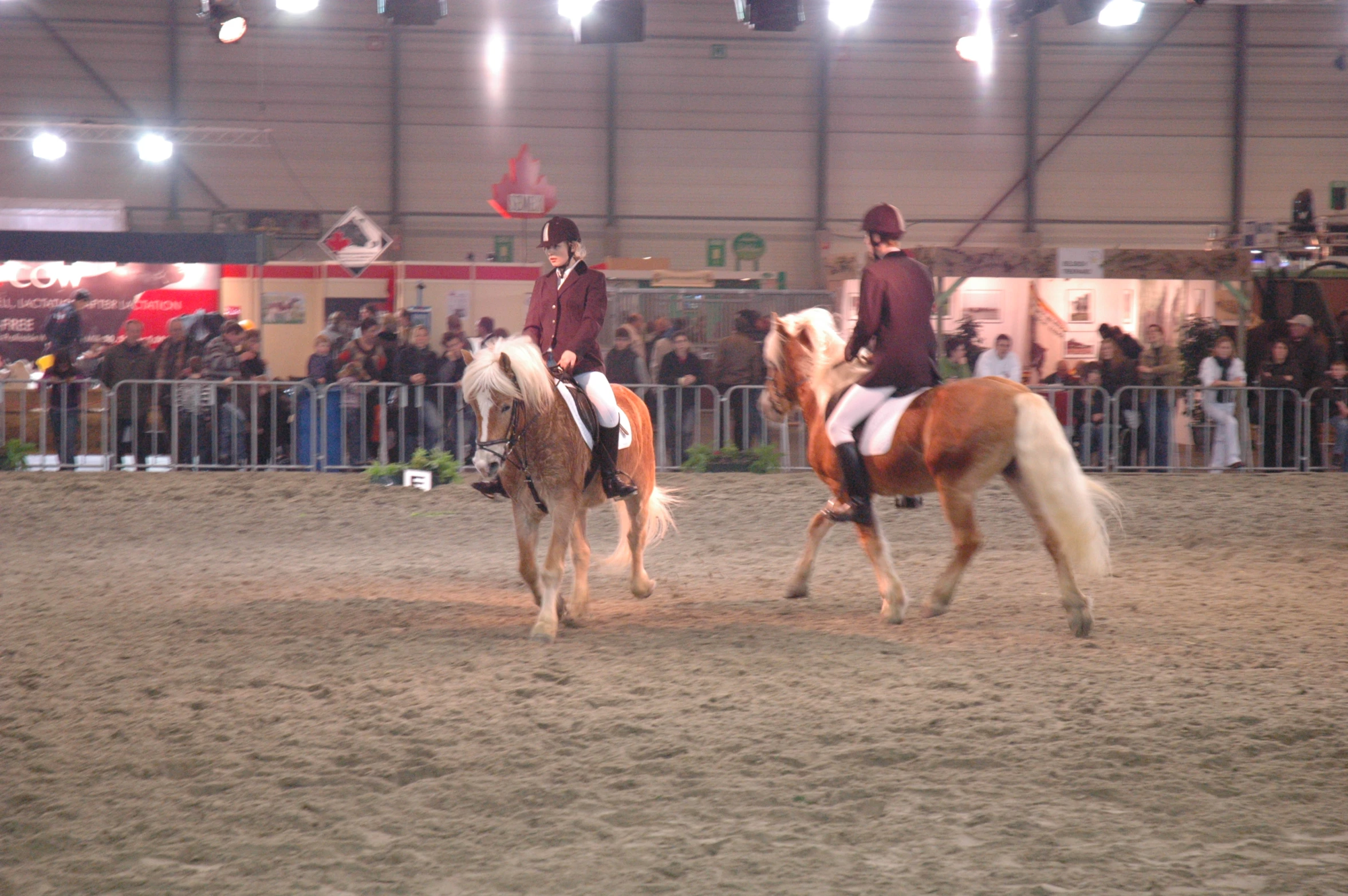 two people on horses in an arena watching