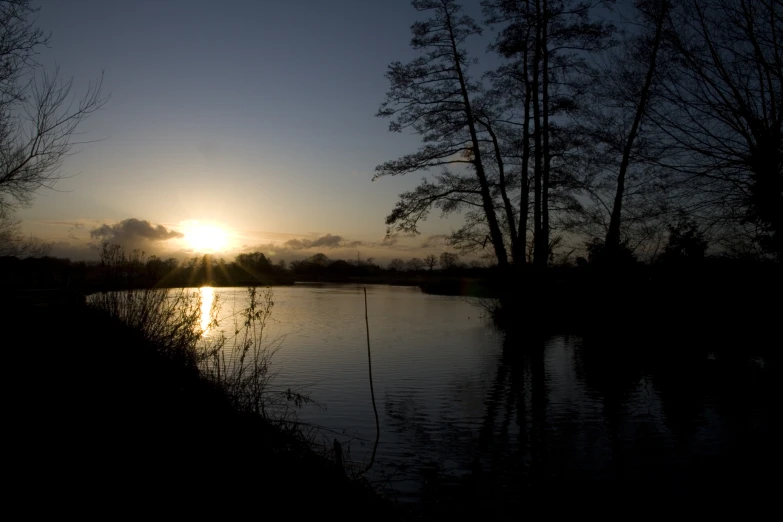 a very pretty river by the grass with a bright sun in the background