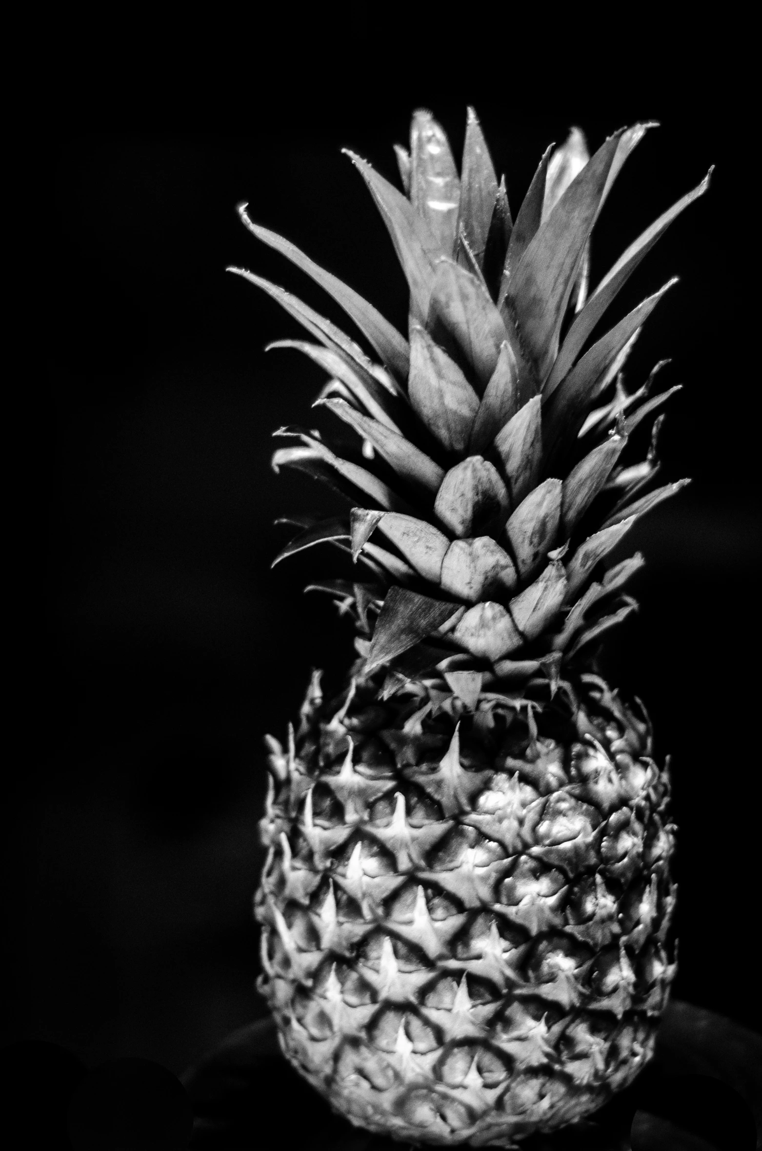 a small pineapple sits in a black bowl