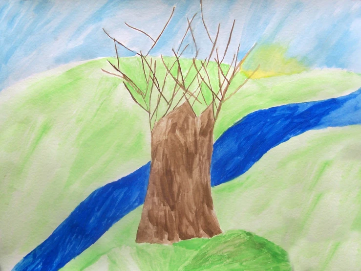 painting on paper with a tree in a green landscape