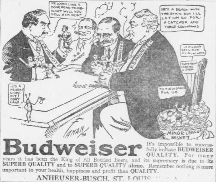 a newspaper ad with a cartoon of two men at a table