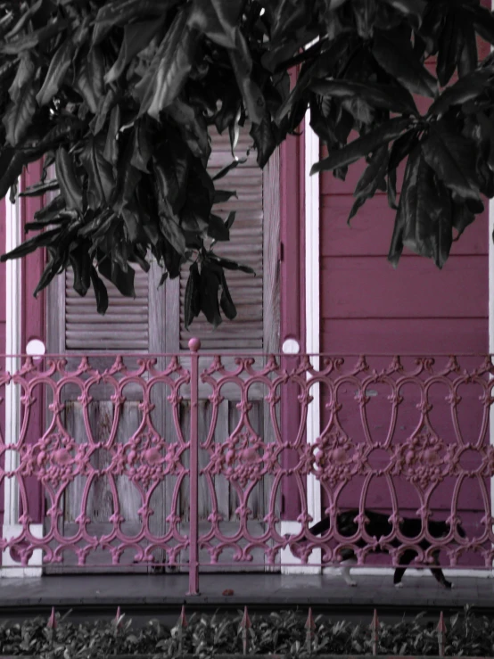 a pink fence sits next to a window with bars on it