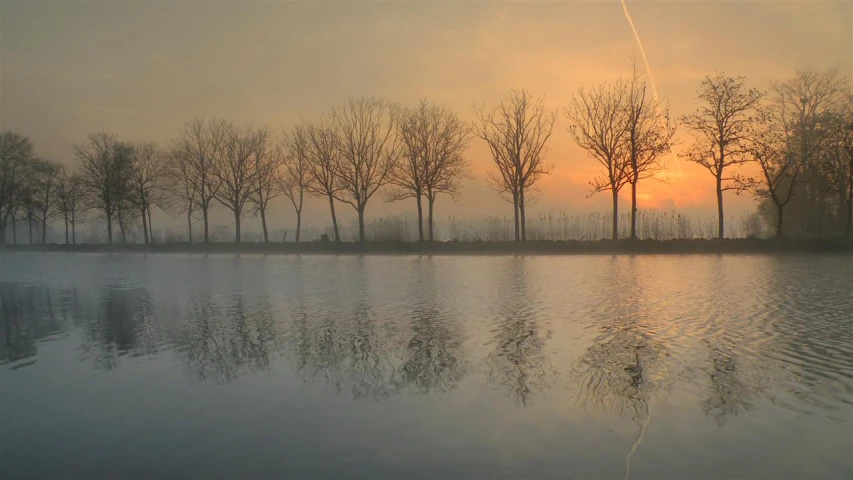 a pond with trees reflected in the water and cloudy sky