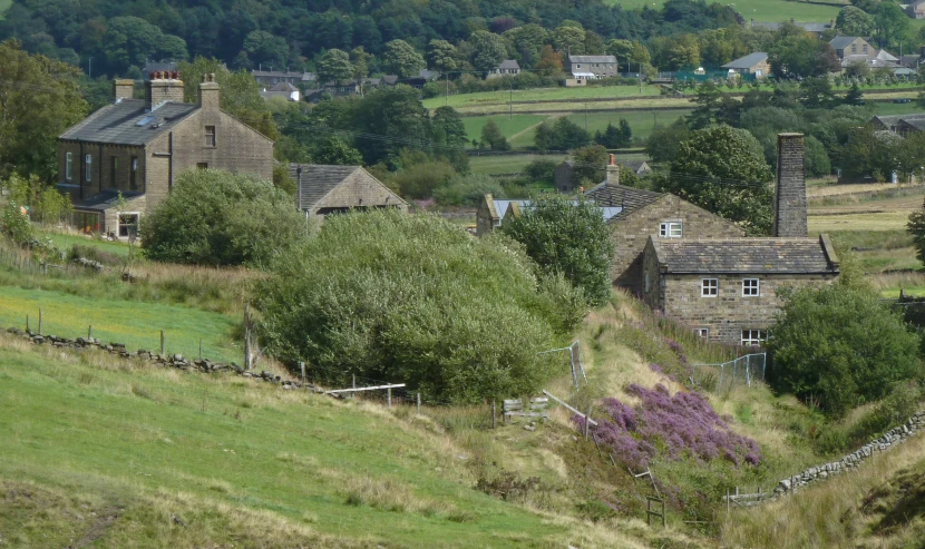a small rural scene in the country with old houses and houses on hillside