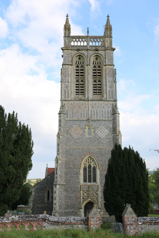 an old gothic church is shown against a blue sky