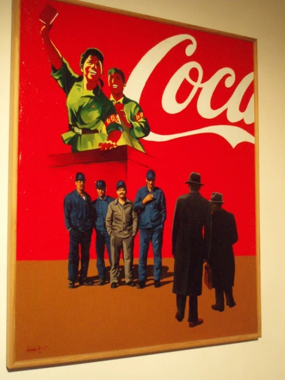 several figures are in front of a painting of a coca - cola worker