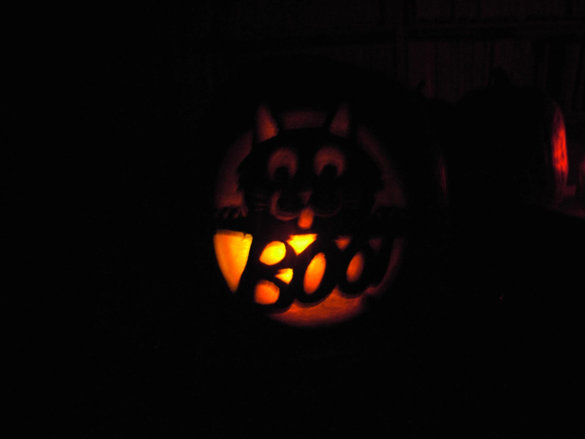 a lit up cat pumpkin with eyes and noses