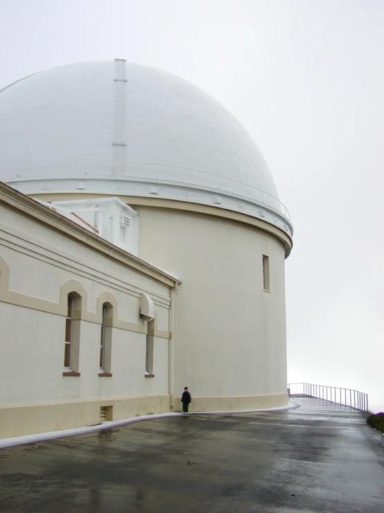 a large white dome sits near a small church