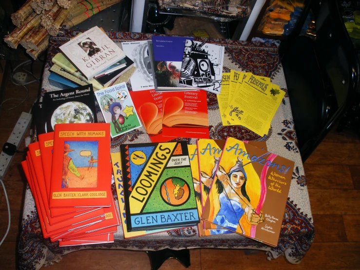 several books are displayed on a cloth