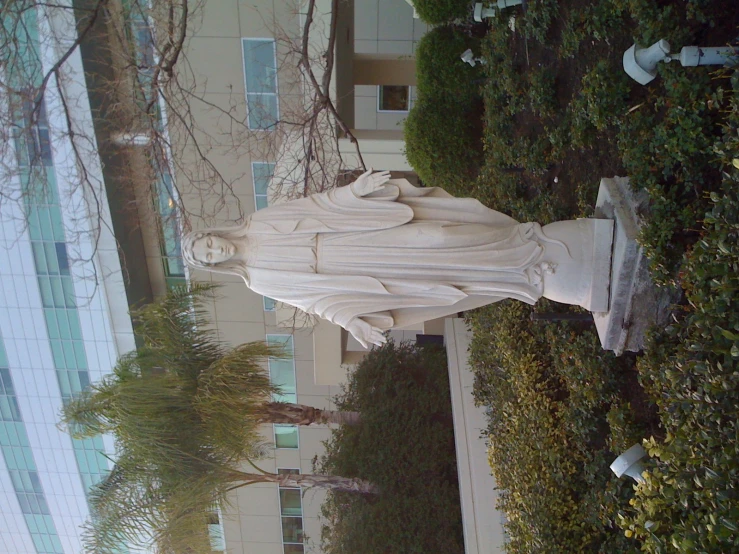 a very large statue in a park next to plants