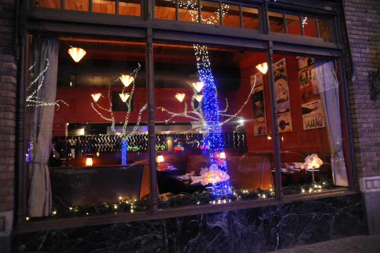 a blue lit christmas tree in a window