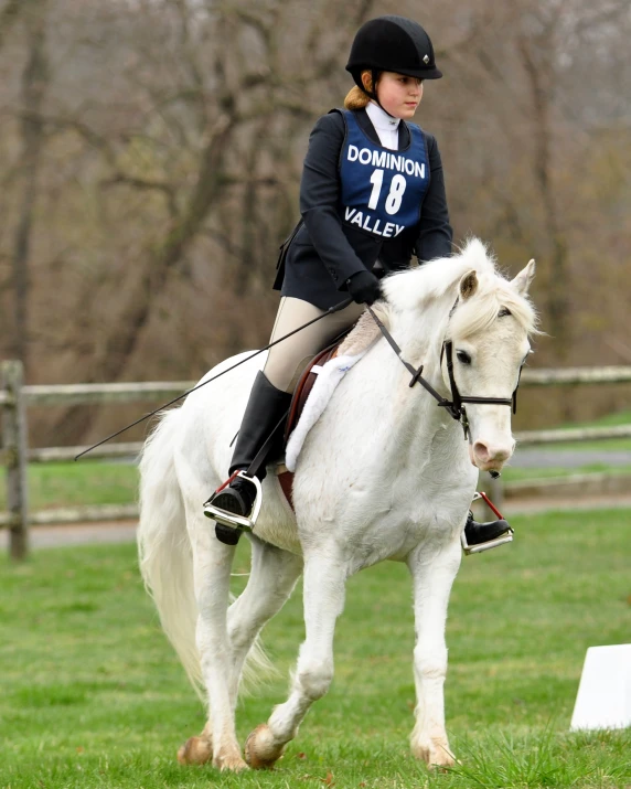 the woman is riding the white horse in the field