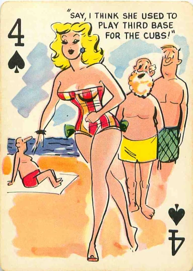 the vintage playing card features a cartoon image of a woman