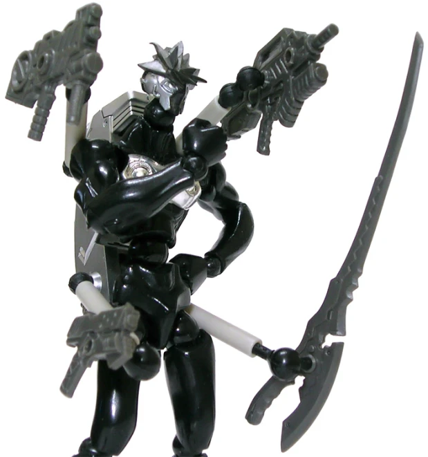 the action figure is black and has a gun, and holds two swords