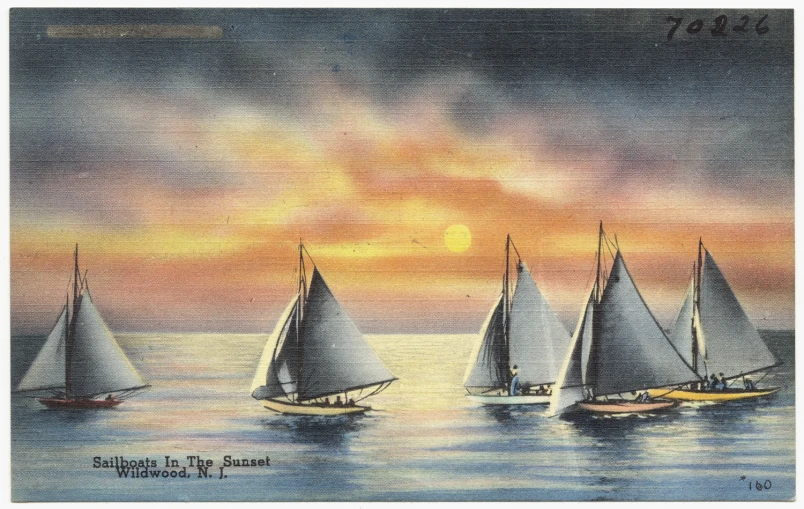 painting of sailboats at sunset on the ocean