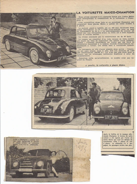 three pages from a magazine, with cars on them