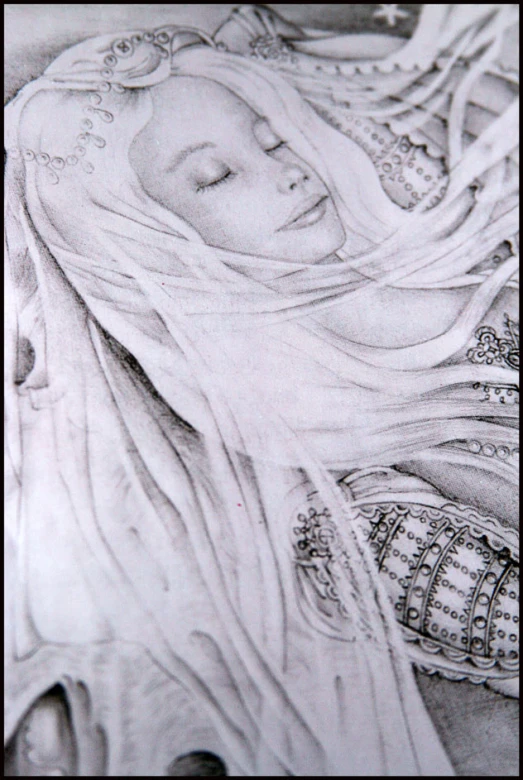 a drawing of a girl with long hair and veil