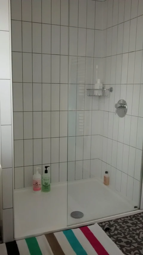 a shower stall with some white tiles and two rolls of toilet paper on it