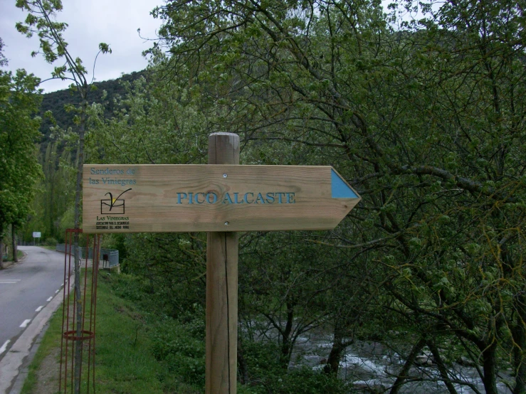 a sign on a pole near a tree line