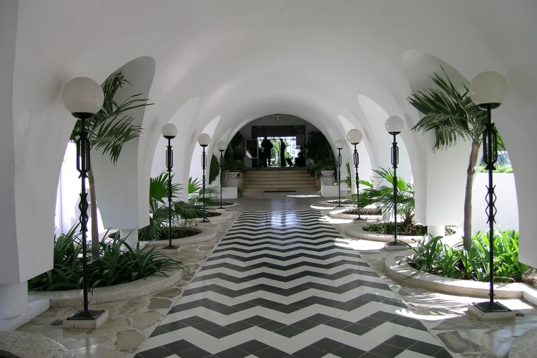 an entry way in the lobby area with tropical plants