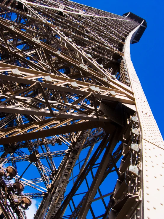 the underside of the eiffel tower under a clear blue sky