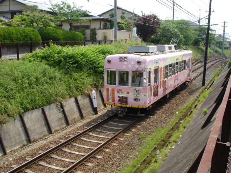 pink, painted train on tracks with houses around