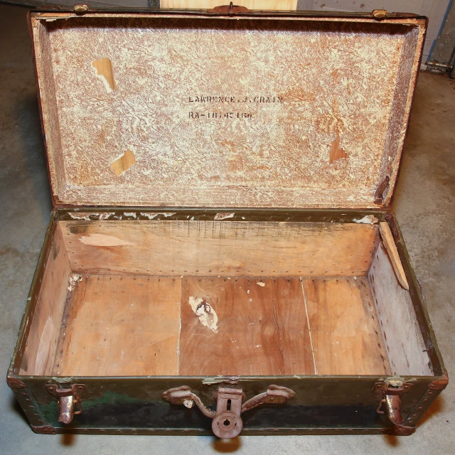 an old style brown suitcase opened up inside