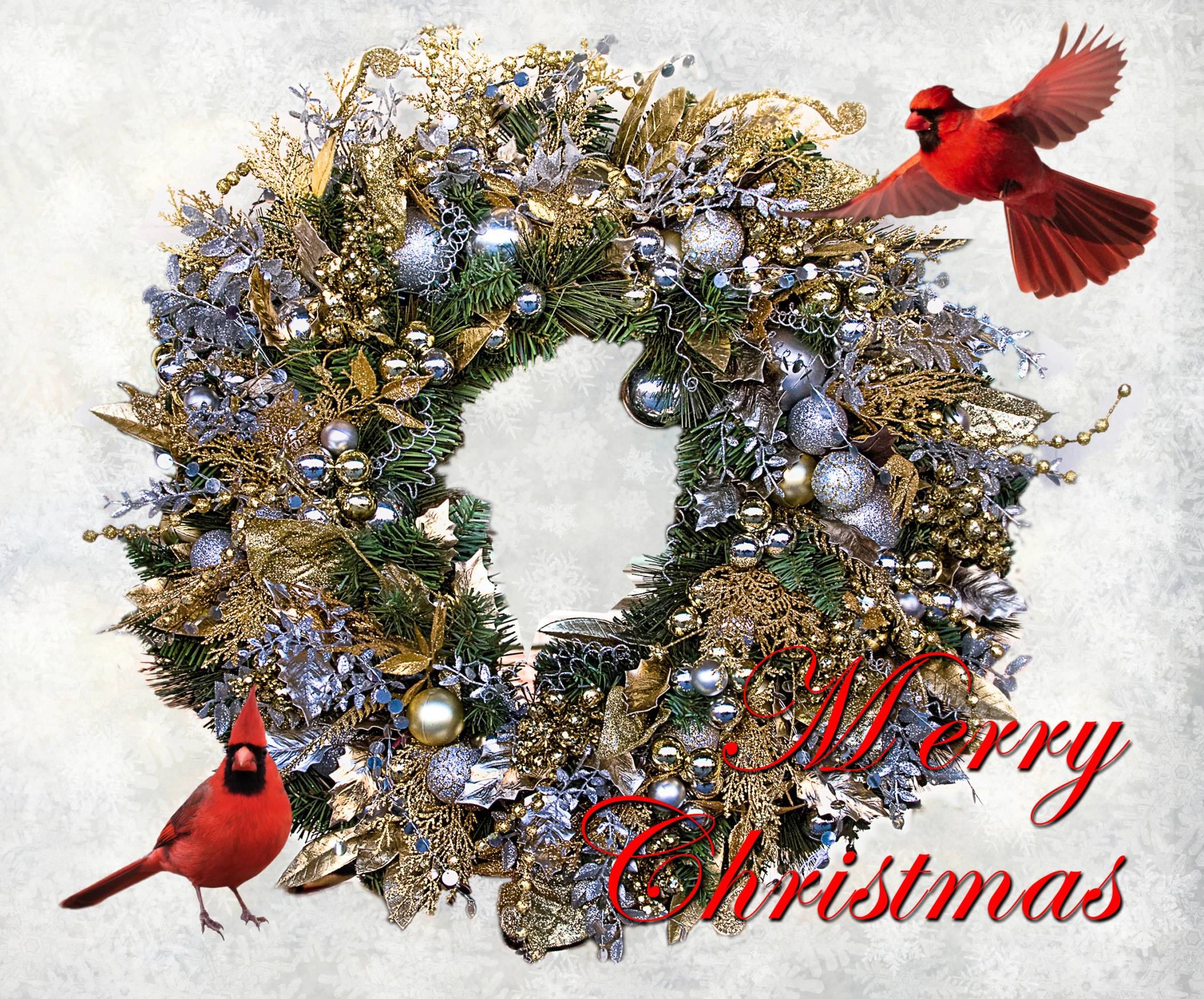 christmas greeting card with wreath and birds on it