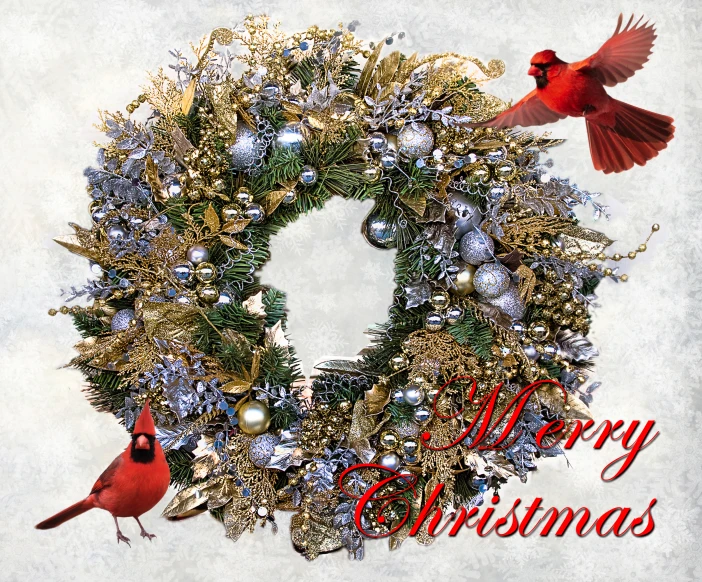 christmas greeting card with wreath and birds on it