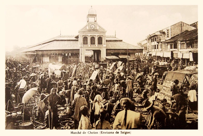 an old picture of people standing in front of buildings