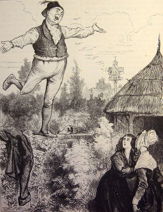 cartoon illustration of a young man jumping off of a ramp to another person