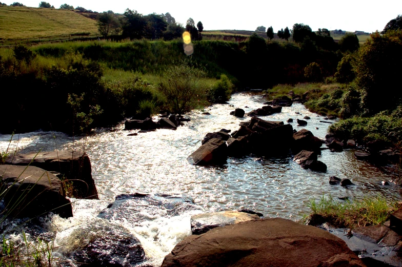 the view of a stream with many rocks near the water