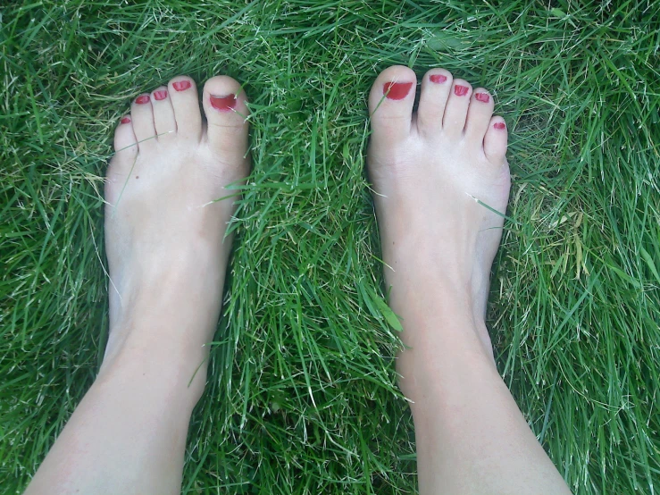 a woman with red toenails on grass, feet near the ground