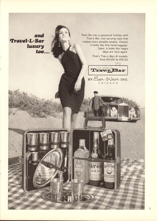 a lady is standing next to an assortment of liquor bottles